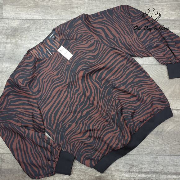 Express Tops - Express Zebra Print Shoulder Pad Long Sleeve Blouse Brown Black NWT Size M
